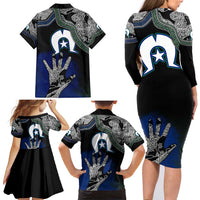 Black And White Aboriginal - Torres Strait Islanders Flag Family Matching Long Sleeve Bodycon Dress and Hawaiian Shirt - Wonder Print Shop