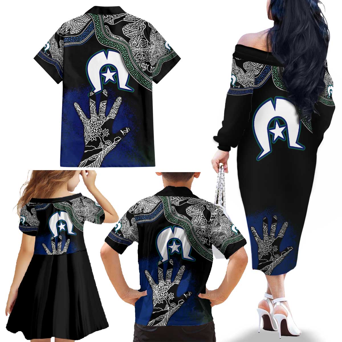 Black And White Aboriginal - Torres Strait Islanders Flag Family Matching Off Shoulder Long Sleeve Dress and Hawaiian Shirt - Wonder Print Shop