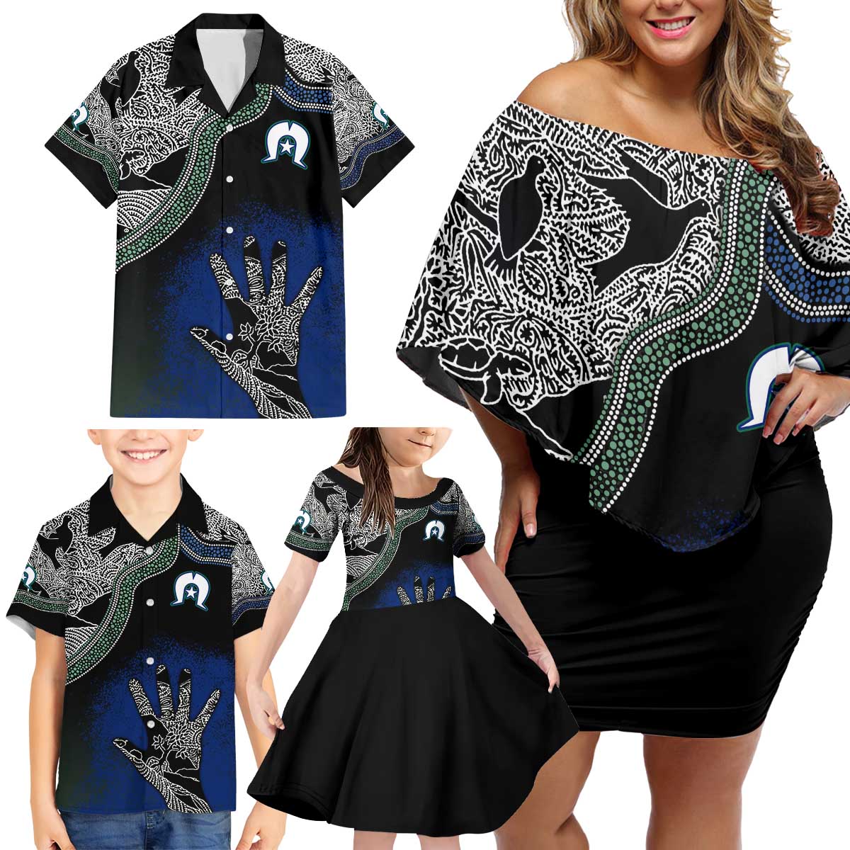 Black And White Aboriginal - Torres Strait Islanders Flag Family Matching Off Shoulder Short Dress and Hawaiian Shirt - Wonder Print Shop