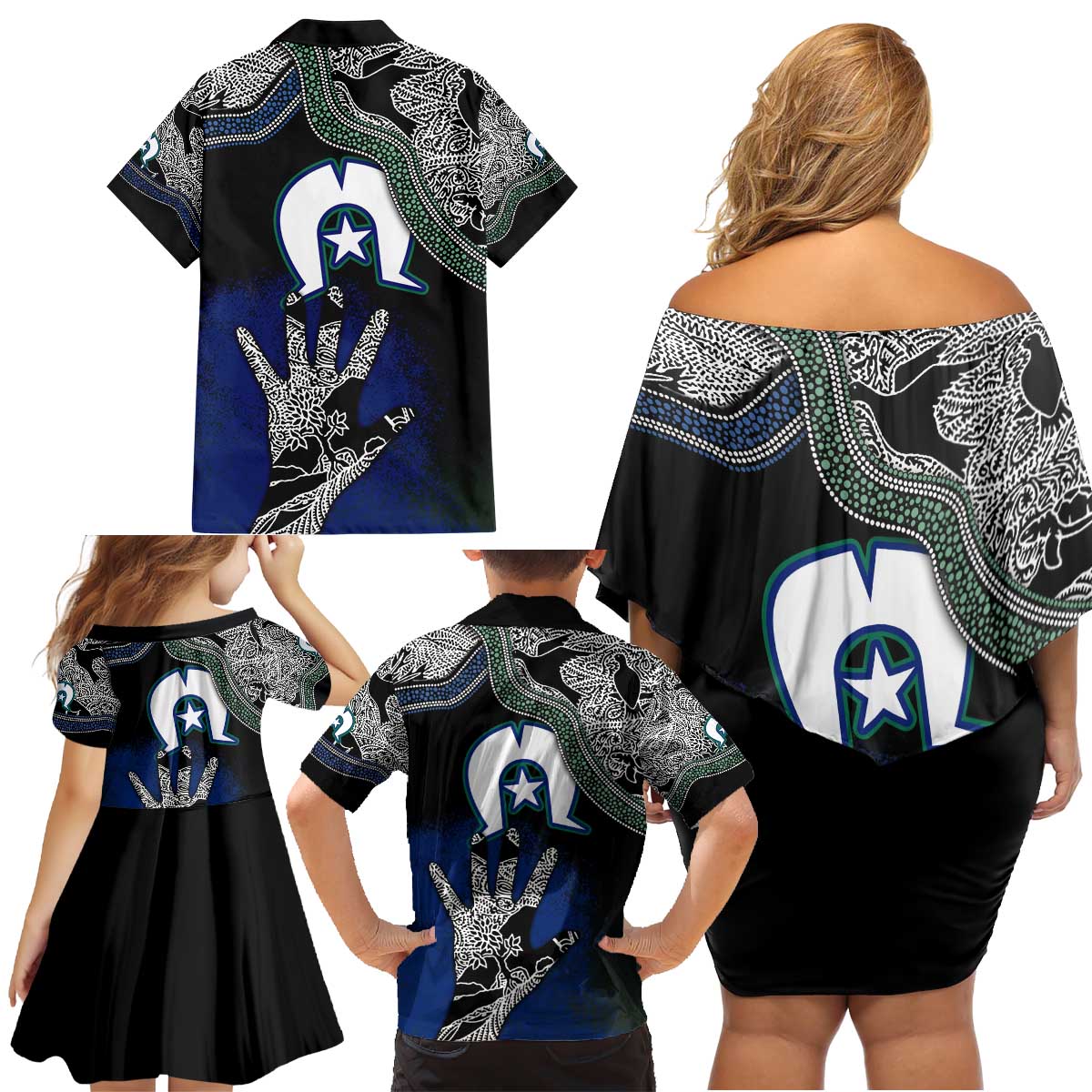 Black And White Aboriginal - Torres Strait Islanders Flag Family Matching Off Shoulder Short Dress and Hawaiian Shirt - Wonder Print Shop