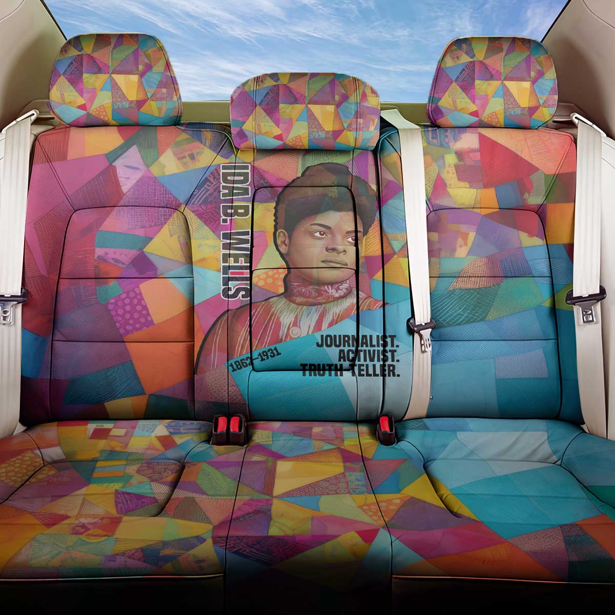 Ida B. Wells Back Car Seat Cover with Colorful Patchwork Pattern Design Confident Portrait Civil Rights and Journalism Tribute - Wonder Print Shop