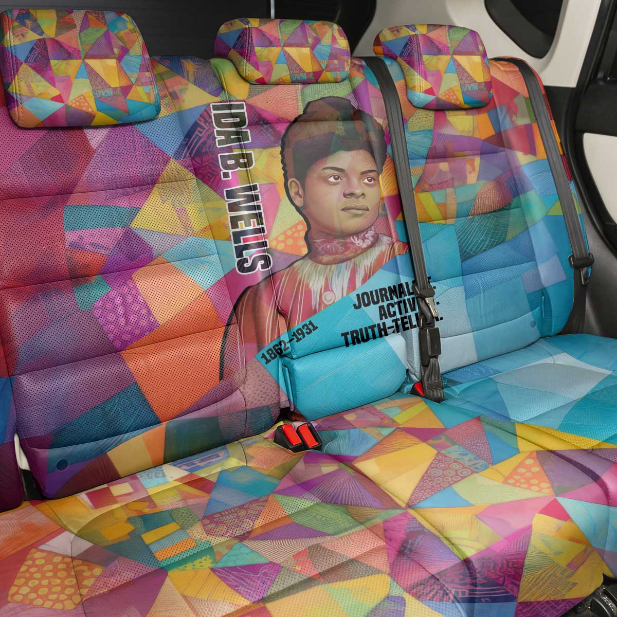 Ida B. Wells Back Car Seat Cover with Colorful Patchwork Pattern Design Confident Portrait Civil Rights and Journalism Tribute - Wonder Print Shop