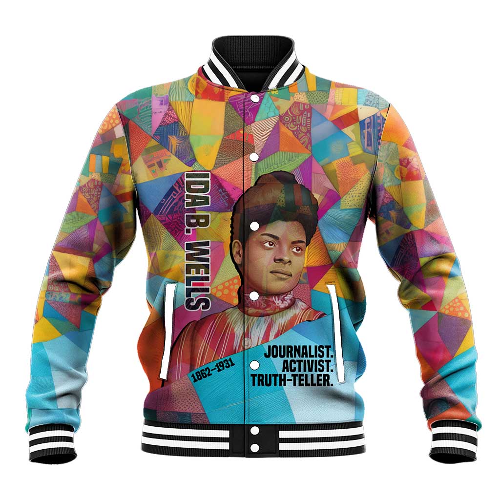 Ida B. Wells Baseball Jacket with Colorful Patchwork Pattern Design Confident Portrait Civil Rights and Journalism Tribute - Wonder Print Shop