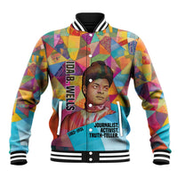 Ida B. Wells Baseball Jacket with Colorful Patchwork Pattern Design Confident Portrait Civil Rights and Journalism Tribute - Wonder Print Shop