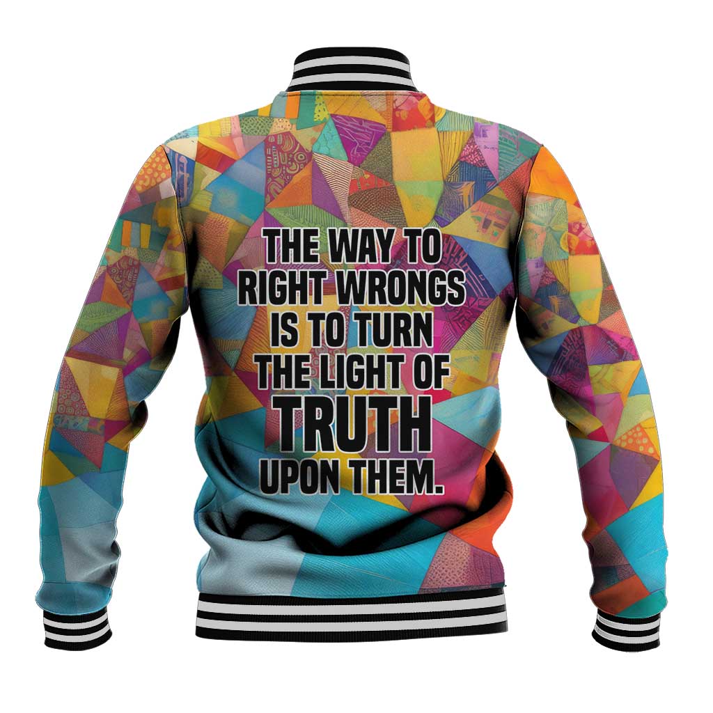 Ida B. Wells Baseball Jacket with Colorful Patchwork Pattern Design Confident Portrait Civil Rights and Journalism Tribute - Wonder Print Shop