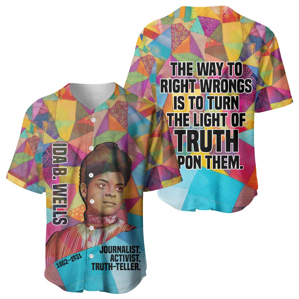 Ida B. Wells Baseball Jersey with Colorful Patchwork Pattern Design Confident Portrait Civil Rights and Journalism Tribute - Wonder Print Shop