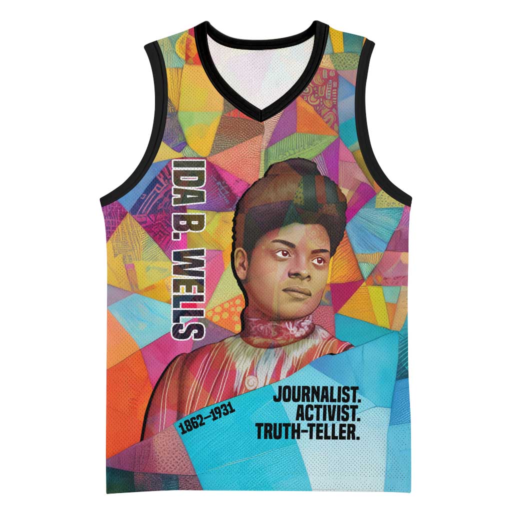 Ida B. Wells Basketball Jersey with Colorful Patchwork Pattern Design Confident Portrait Civil Rights and Journalism Tribute - Wonder Print Shop