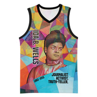 Ida B. Wells Basketball Jersey with Colorful Patchwork Pattern Design Confident Portrait Civil Rights and Journalism Tribute - Wonder Print Shop