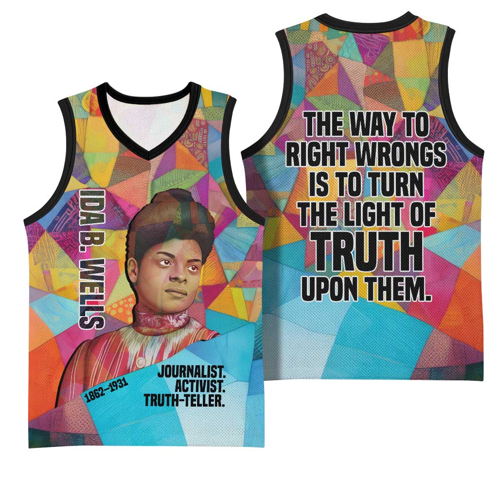 Ida B. Wells Basketball Jersey with Colorful Patchwork Pattern Design Confident Portrait Civil Rights and Journalism Tribute - Wonder Print Shop