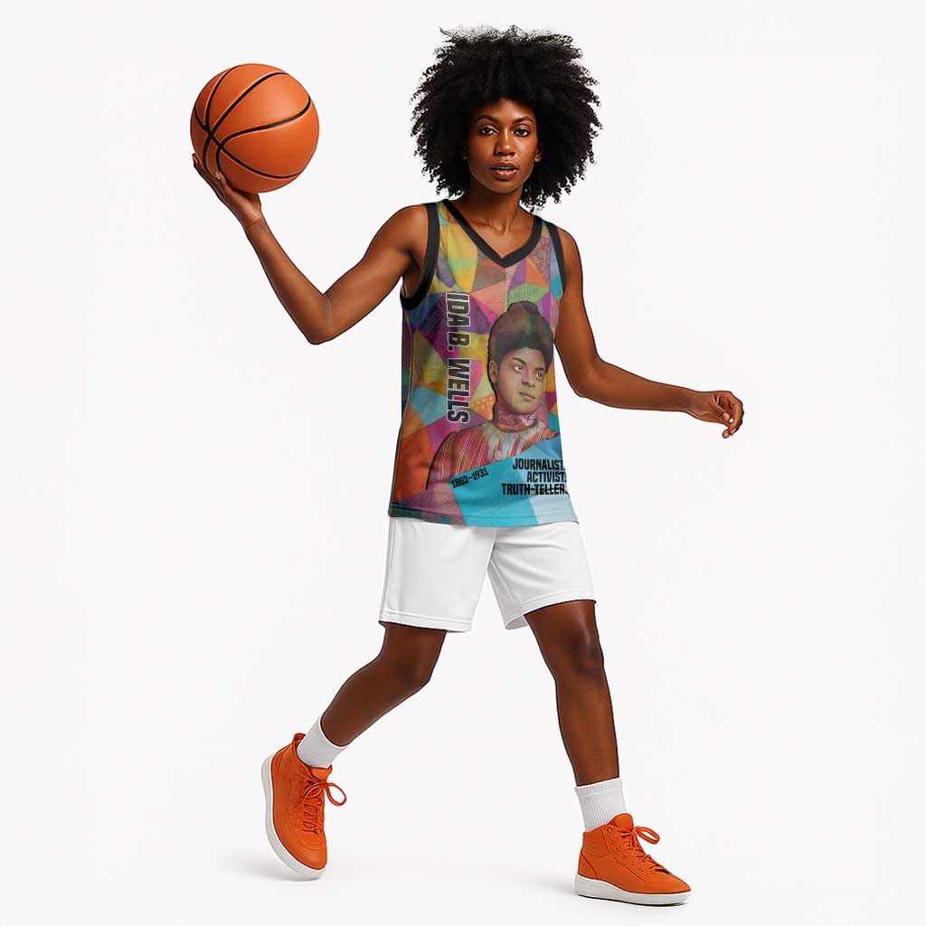 Ida B. Wells Basketball Jersey with Colorful Patchwork Pattern Design Confident Portrait Civil Rights and Journalism Tribute - Wonder Print Shop