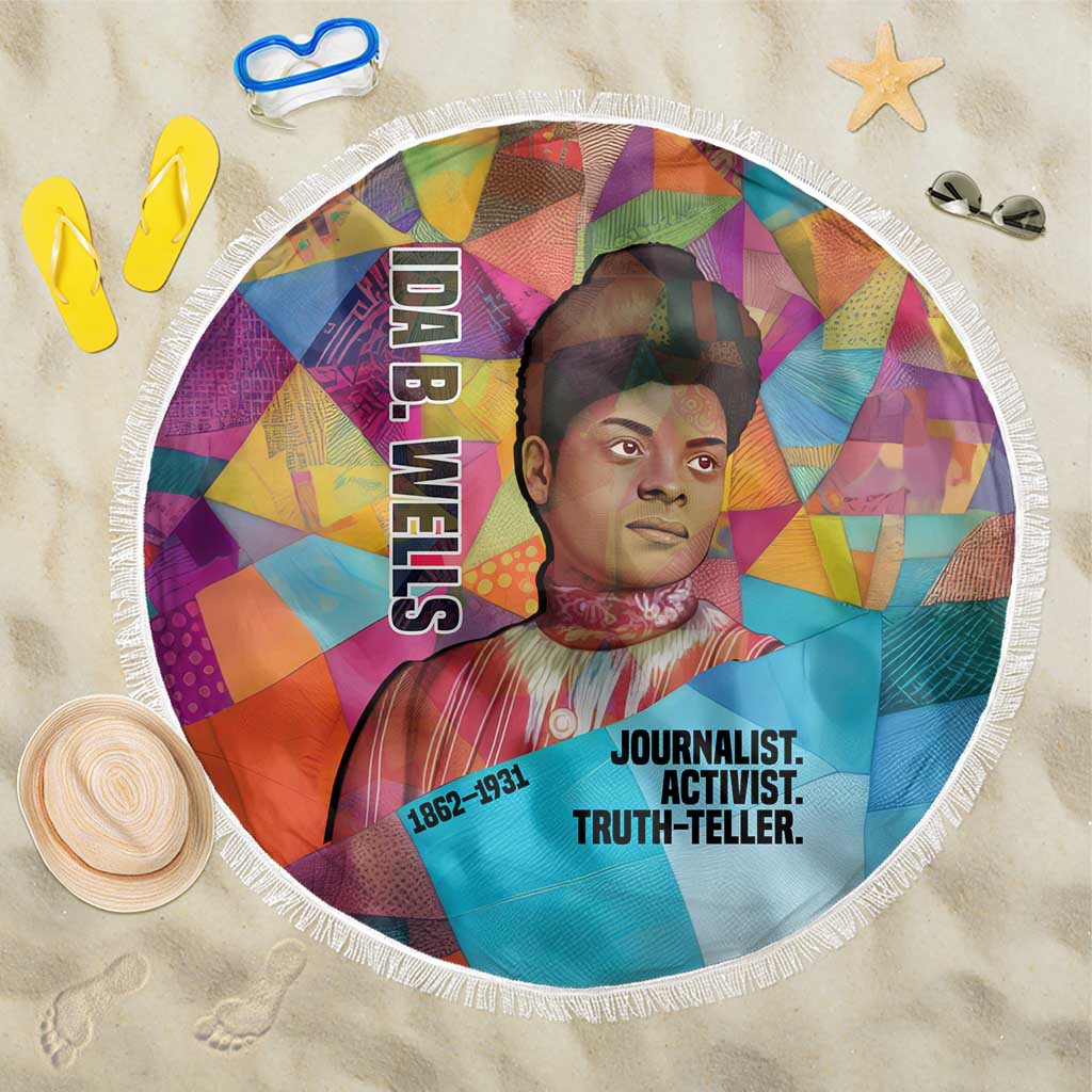 Ida B. Wells Beach Blanket with Colorful Patchwork Pattern Design Confident Portrait Civil Rights and Journalism Tribute - Wonder Print Shop
