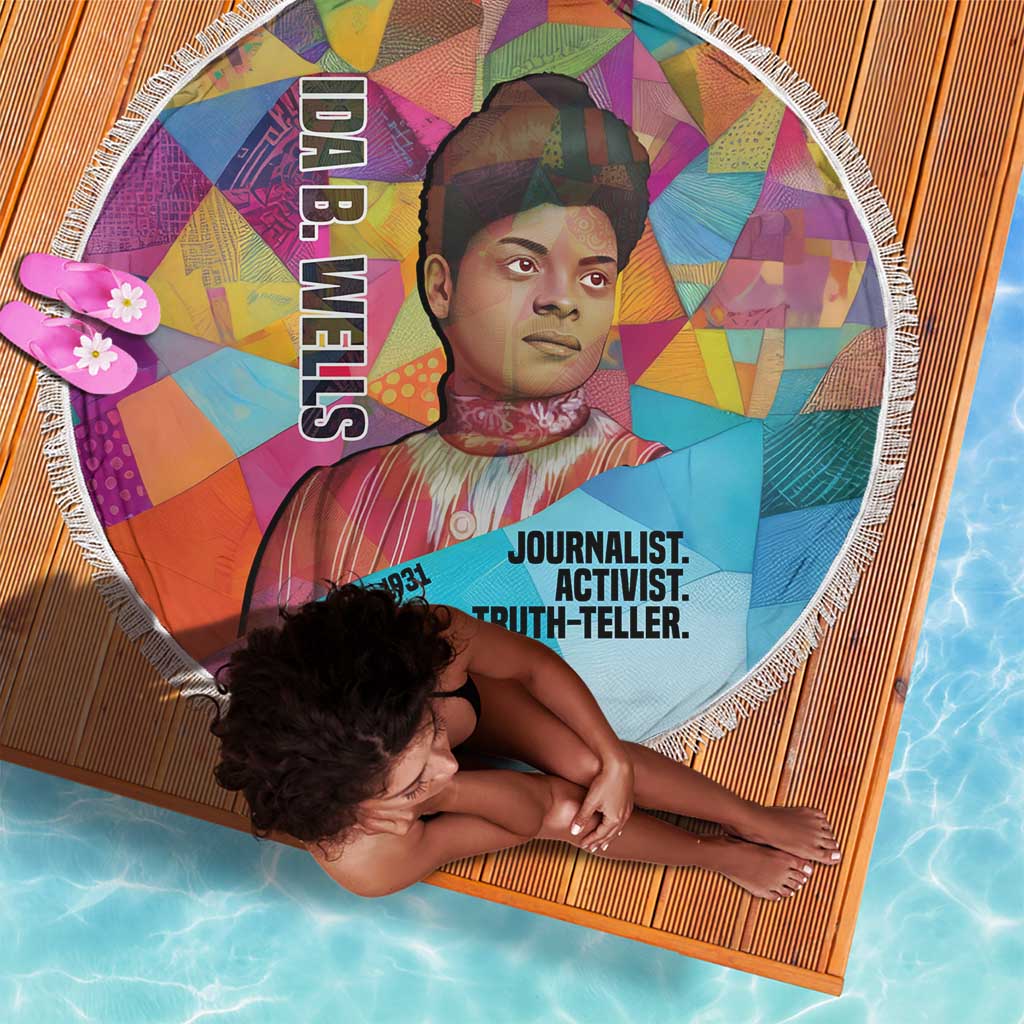Ida B. Wells Beach Blanket with Colorful Patchwork Pattern Design Confident Portrait Civil Rights and Journalism Tribute - Wonder Print Shop