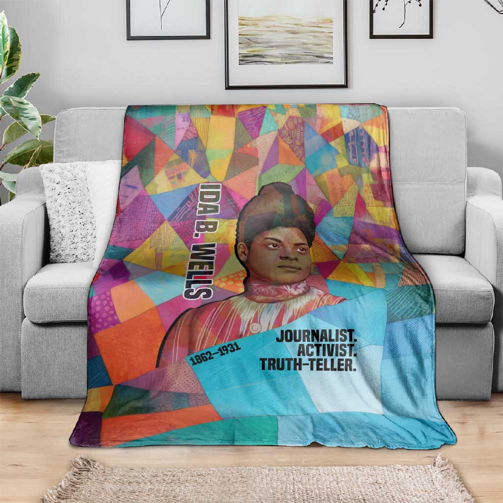 Ida B. Wells Blanket with Colorful Patchwork Pattern Design Confident Portrait Civil Rights and Journalism Tribute - Wonder Print Shop