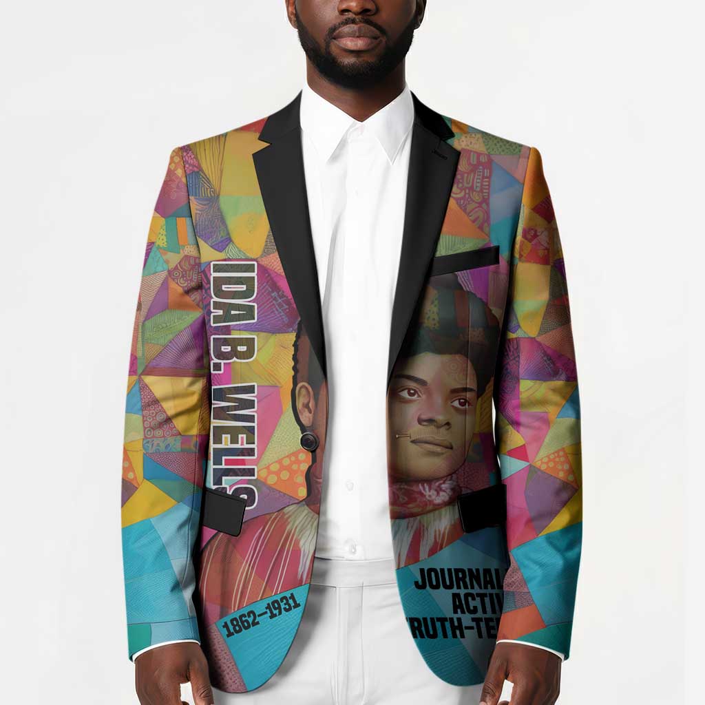 Ida B. Wells Blazer with Colorful Patchwork Pattern Design Confident Portrait Civil Rights and Journalism Tribute - Wonder Print Shop