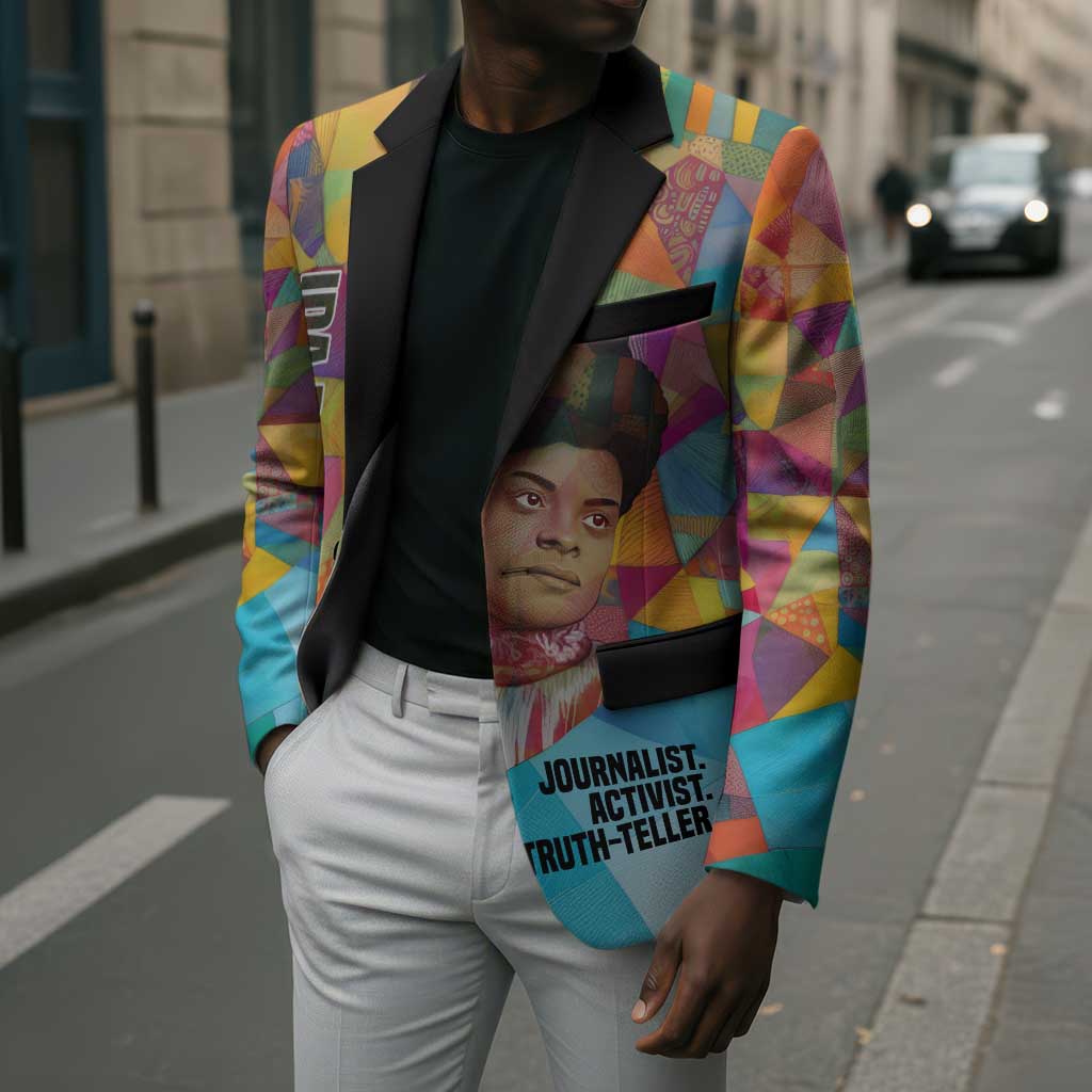 Ida B. Wells Blazer with Colorful Patchwork Pattern Design Confident Portrait Civil Rights and Journalism Tribute - Wonder Print Shop