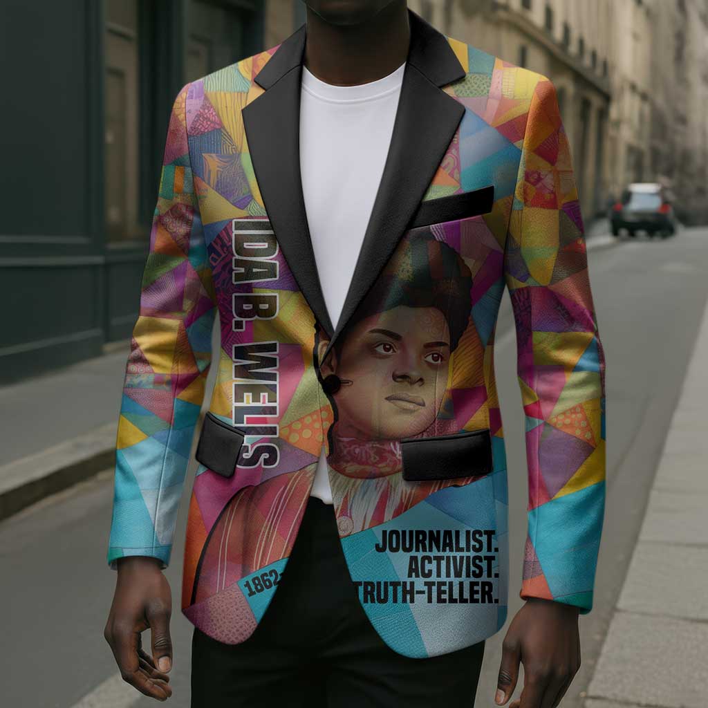 Ida B. Wells Blazer with Colorful Patchwork Pattern Design Confident Portrait Civil Rights and Journalism Tribute - Wonder Print Shop