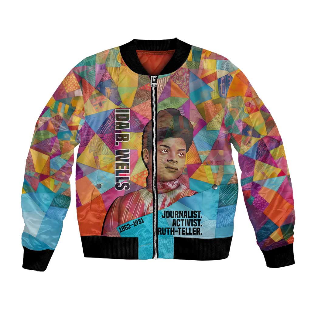 Ida B. Wells Bomber Jacket with Colorful Patchwork Pattern Design Confident Portrait Civil Rights and Journalism Tribute - Wonder Print Shop