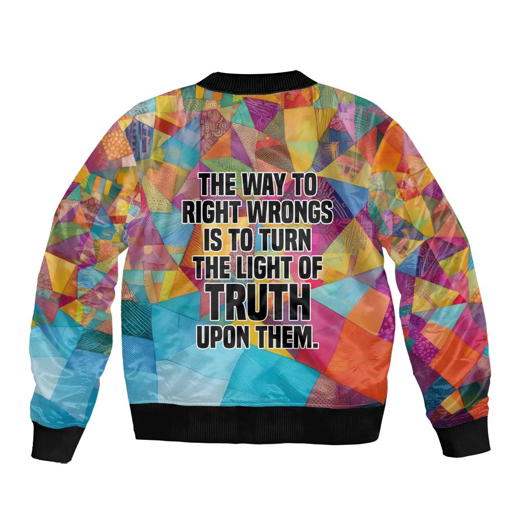 Ida B. Wells Bomber Jacket with Colorful Patchwork Pattern Design Confident Portrait Civil Rights and Journalism Tribute - Wonder Print Shop