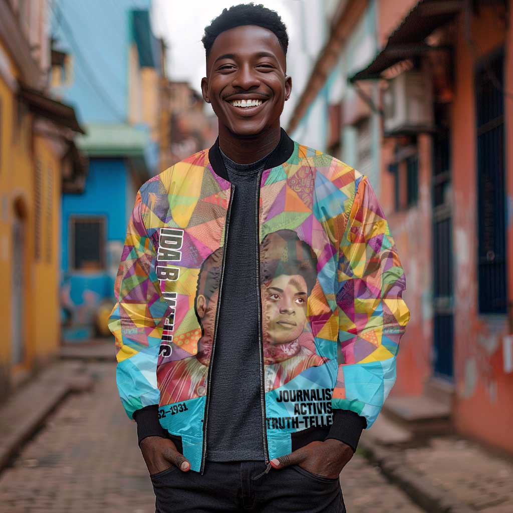Ida B. Wells Bomber Jacket with Colorful Patchwork Pattern Design Confident Portrait Civil Rights and Journalism Tribute - Wonder Print Shop