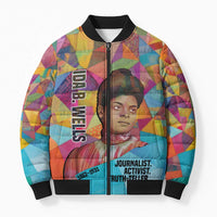 Ida B. Wells Bomber Puffer Jacket with Colorful Patchwork Pattern Design Confident Portrait Civil Rights and Journalism Tribute - Wonder Print Shop