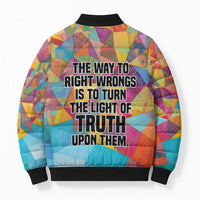 Ida B. Wells Bomber Puffer Jacket with Colorful Patchwork Pattern Design Confident Portrait Civil Rights and Journalism Tribute - Wonder Print Shop