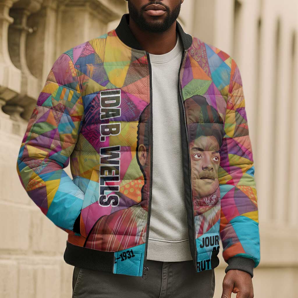 Ida B. Wells Bomber Puffer Jacket with Colorful Patchwork Pattern Design Confident Portrait Civil Rights and Journalism Tribute - Wonder Print Shop