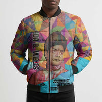 Ida B. Wells Bomber Puffer Jacket with Colorful Patchwork Pattern Design Confident Portrait Civil Rights and Journalism Tribute - Wonder Print Shop