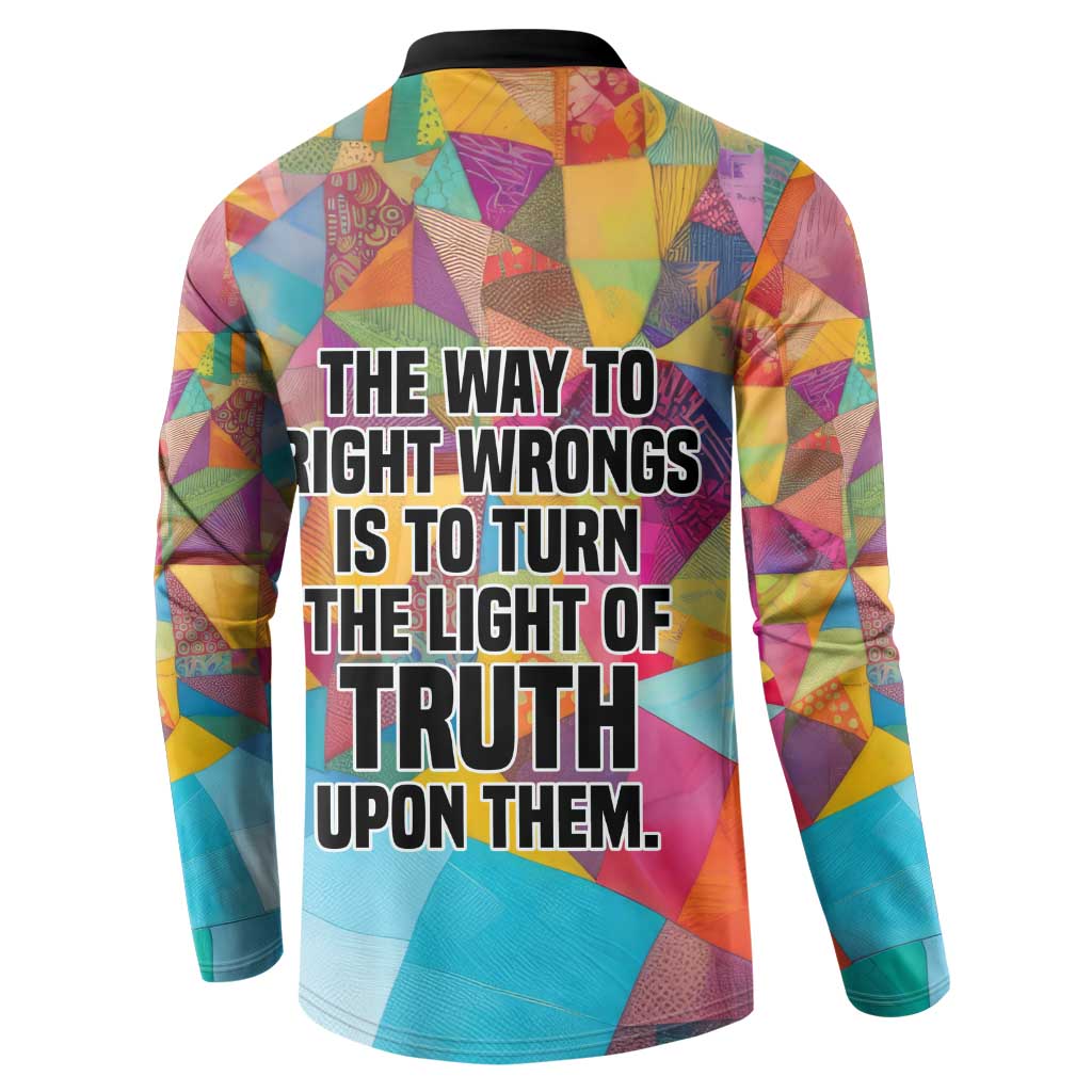 Ida B. Wells Button Sweatshirt with Colorful Patchwork Pattern Design Confident Portrait Civil Rights and Journalism Tribute