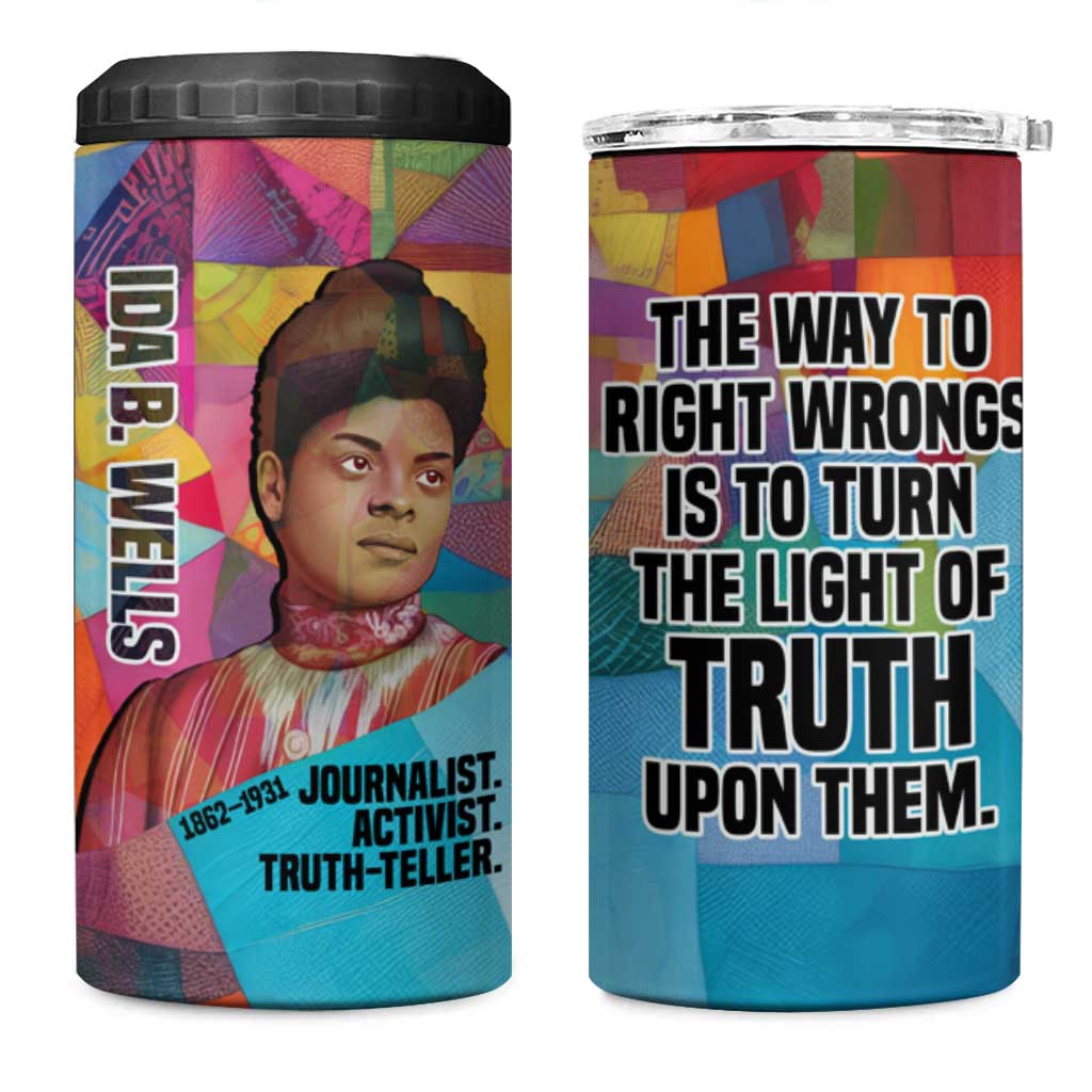 Ida B. Wells 4 in 1 Can Cooler Tumbler with Colorful Patchwork Pattern Design Confident Portrait Civil Rights and Journalism Tribute - Wonder Print Shop