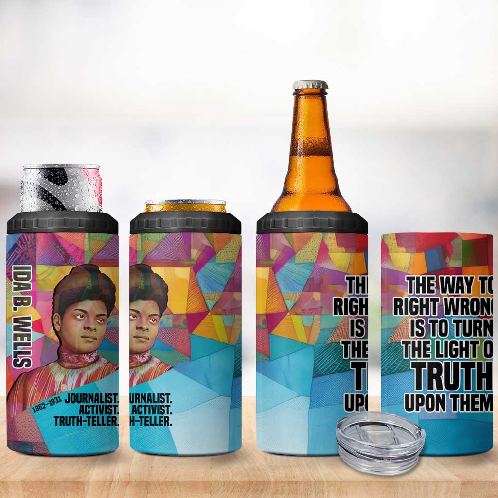 Ida B. Wells 4 in 1 Can Cooler Tumbler with Colorful Patchwork Pattern Design Confident Portrait Civil Rights and Journalism Tribute - Wonder Print Shop