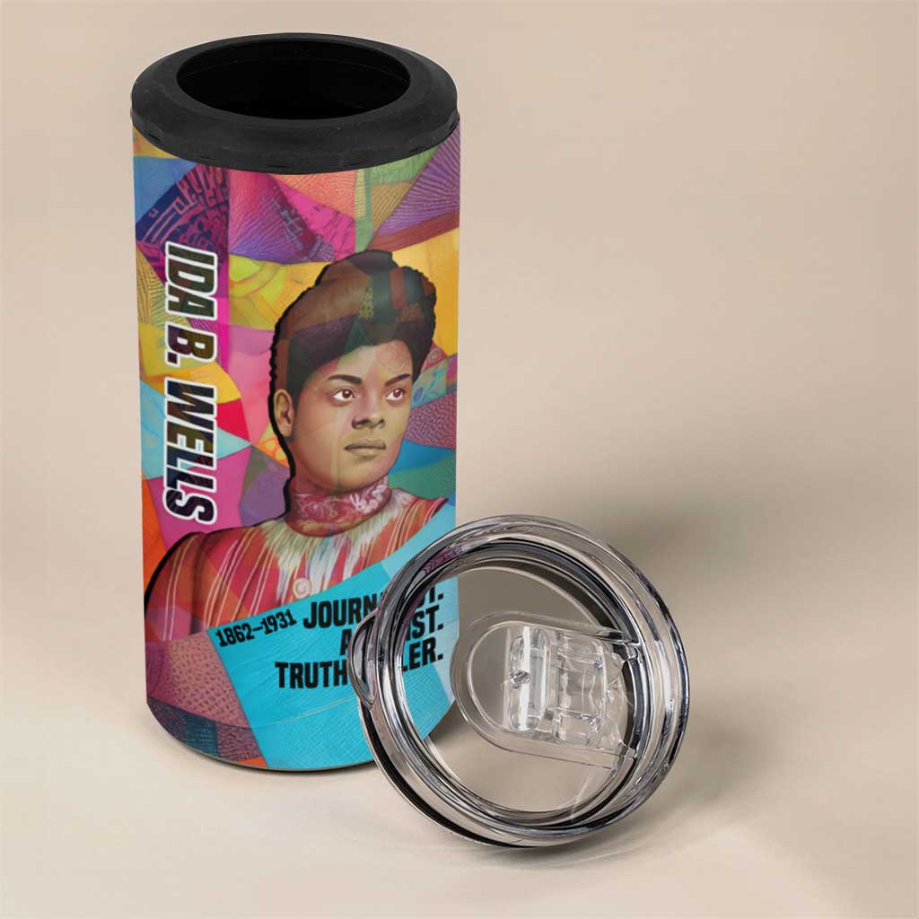 Ida B. Wells 4 in 1 Can Cooler Tumbler with Colorful Patchwork Pattern Design Confident Portrait Civil Rights and Journalism Tribute - Wonder Print Shop