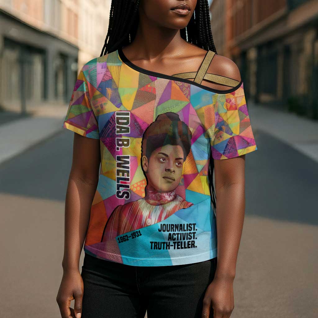 Ida B. Wells Cross Shoulder Shirt with Colorful Patchwork Pattern Design Confident Portrait Civil Rights and Journalism Tribute - Wonder Print Shop