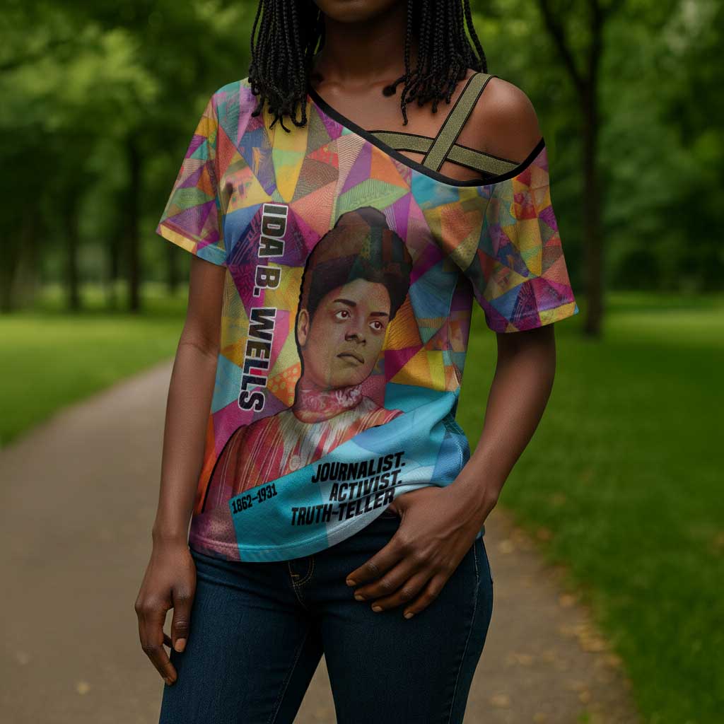 Ida B. Wells Cross Shoulder Shirt with Colorful Patchwork Pattern Design Confident Portrait Civil Rights and Journalism Tribute - Wonder Print Shop
