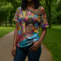 Ida B. Wells Cross Shoulder Shirt with Colorful Patchwork Pattern Design Confident Portrait Civil Rights and Journalism Tribute - Wonder Print Shop