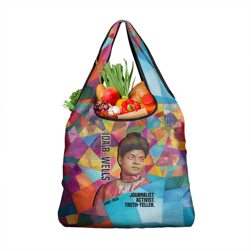Ida B. Wells Grocery Bag with Colorful Patchwork Pattern Design Confident Portrait Civil Rights and Journalism Tribute - Wonder Print Shop