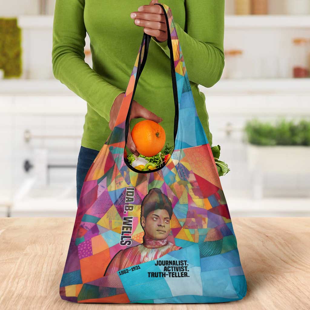 Ida B. Wells Grocery Bag with Colorful Patchwork Pattern Design Confident Portrait Civil Rights and Journalism Tribute - Wonder Print Shop