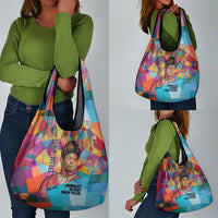 Ida B. Wells Grocery Bag with Colorful Patchwork Pattern Design Confident Portrait Civil Rights and Journalism Tribute - Wonder Print Shop