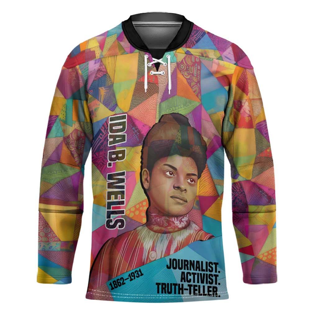 Ida B. Wells Hockey Jersey with Colorful Patchwork Pattern Design Confident Portrait Civil Rights and Journalism Tribute - Wonder Print Shop