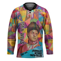 Ida B. Wells Hockey Jersey with Colorful Patchwork Pattern Design Confident Portrait Civil Rights and Journalism Tribute - Wonder Print Shop