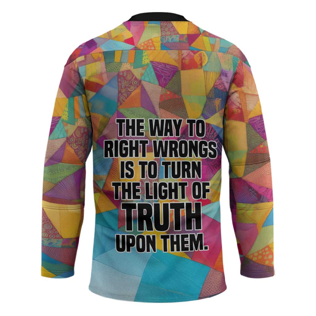 Ida B. Wells Hockey Jersey with Colorful Patchwork Pattern Design Confident Portrait Civil Rights and Journalism Tribute - Wonder Print Shop