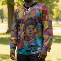 Ida B. Wells Hockey Jersey with Colorful Patchwork Pattern Design Confident Portrait Civil Rights and Journalism Tribute - Wonder Print Shop