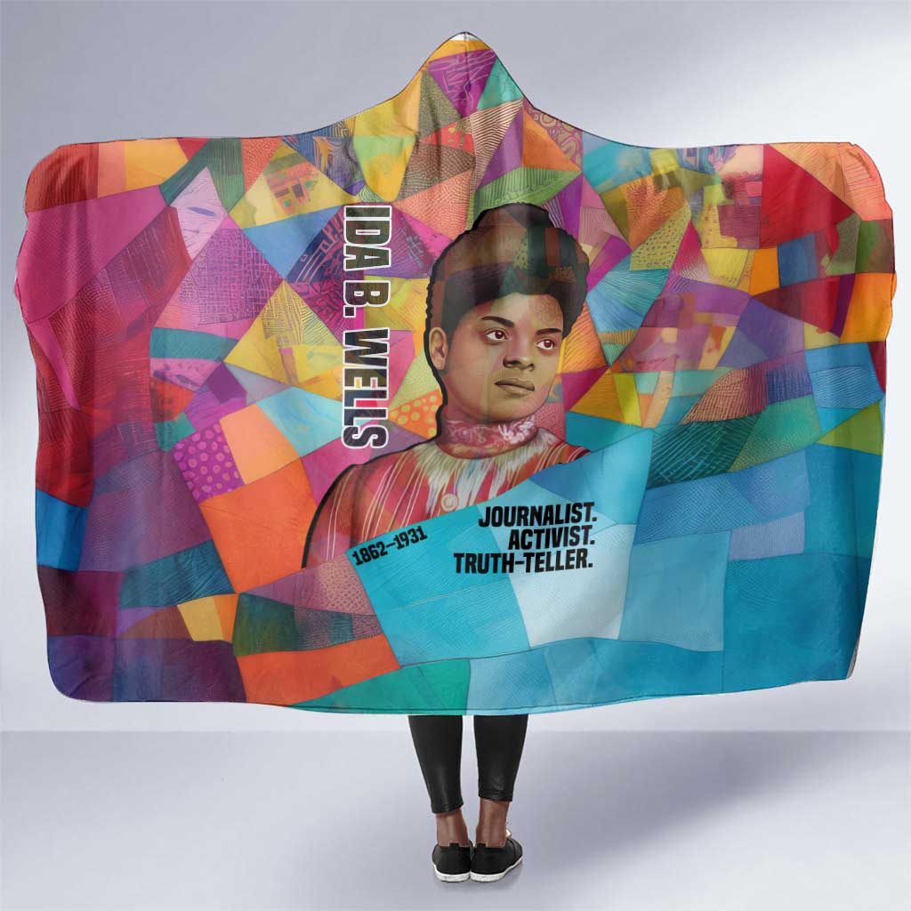 Ida B. Wells Hooded Blanket with Colorful Patchwork Pattern Design Confident Portrait Civil Rights and Journalism Tribute - Wonder Print Shop