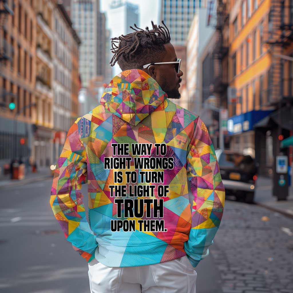 Ida B. Wells Hoodie with Colorful Patchwork Pattern Design Confident Portrait Civil Rights and Journalism Tribute - Wonder Print Shop