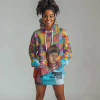 Ida B. Wells Hoodie Dress with Colorful Patchwork Pattern Design Confident Portrait Civil Rights and Journalism Tribute - Wonder Print Shop