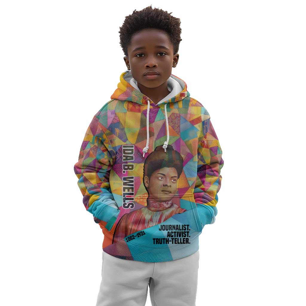 Ida B. Wells Kid Hoodie with Colorful Patchwork Pattern Design Confident Portrait Civil Rights and Journalism Tribute - Wonder Print Shop