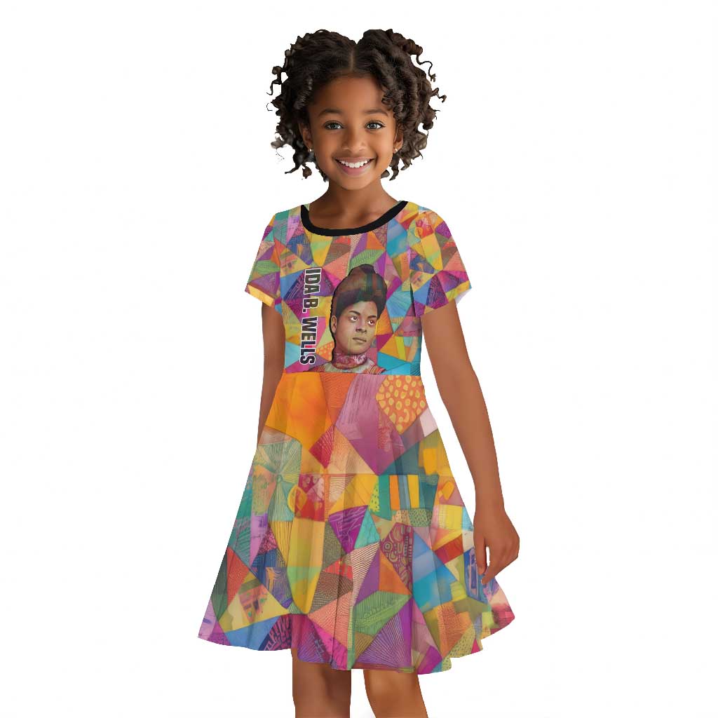 Ida B. Wells Kid Short Sleeve Dress with Colorful Patchwork Pattern Design Confident Portrait Civil Rights and Journalism Tribute - Wonder Print Shop