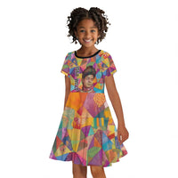 Ida B. Wells Kid Short Sleeve Dress with Colorful Patchwork Pattern Design Confident Portrait Civil Rights and Journalism Tribute - Wonder Print Shop