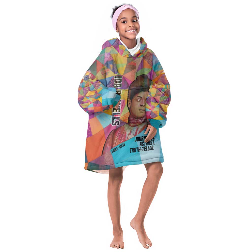 Ida B. Wells Kid Wearable Blanket Hoodie with Colorful Patchwork Pattern Design Confident Portrait Civil Rights and Journalism Tribute - Wonder Print Shop
