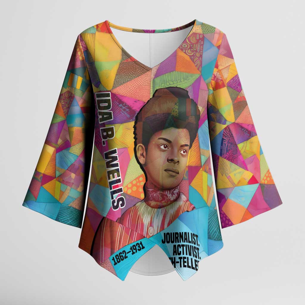 Ida B. Wells Kimono Sleeve Blouse with Colorful Patchwork Pattern Design Confident Portrait Civil Rights and Journalism Tribute - Wonder Print Shop