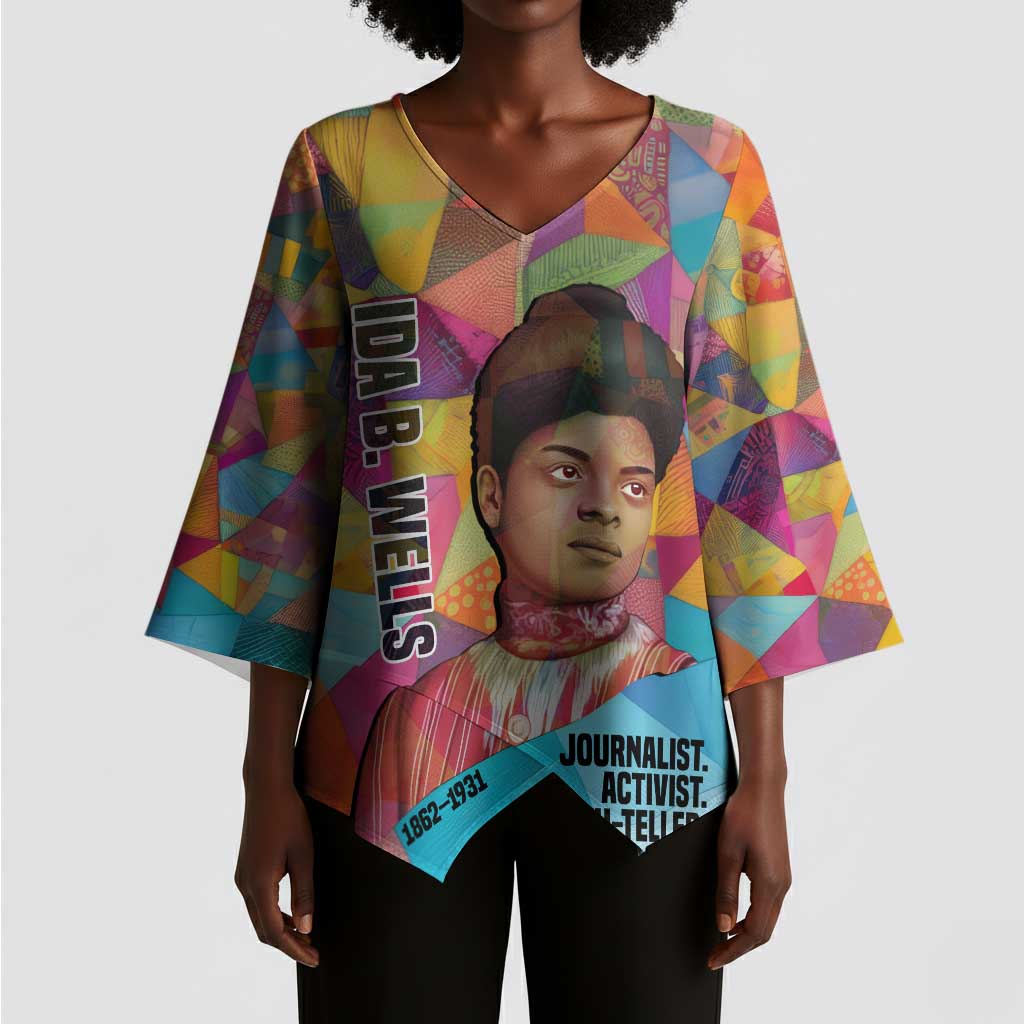 Ida B. Wells Kimono Sleeve Blouse with Colorful Patchwork Pattern Design Confident Portrait Civil Rights and Journalism Tribute - Wonder Print Shop